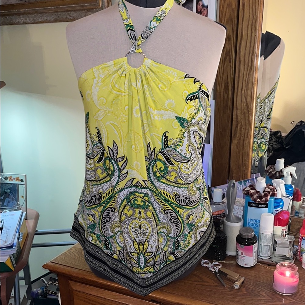 INC Yellow Paisley Halter Top W/ Built-in Bra